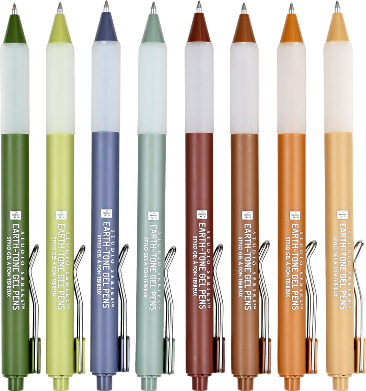 Set of Earth-Tone gel pens in various colors with visible brand name.
