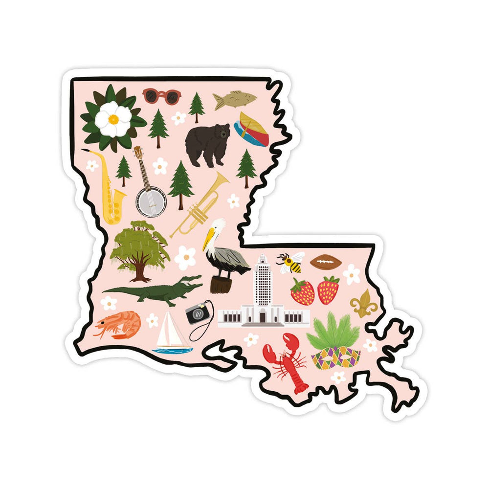 Map of Louisiana with various icons on a pink background