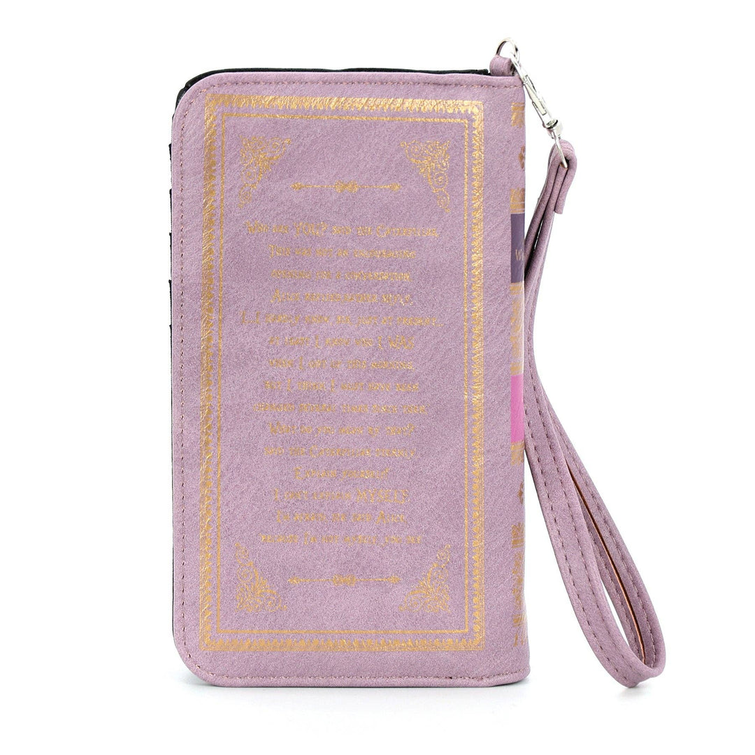 Purple wallet with gold text and design on a white background