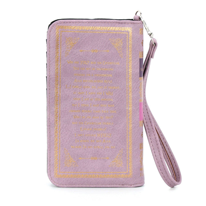 Purple wallet with gold text and design on a white background
