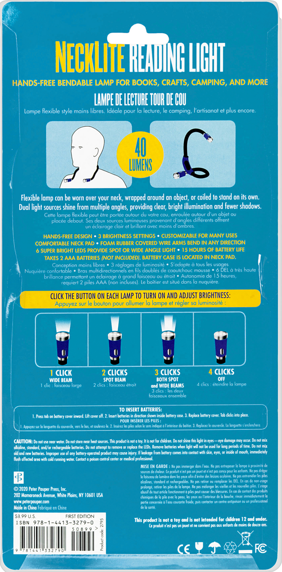Necklite Reading Light packaging with text and illustrations on a blue background