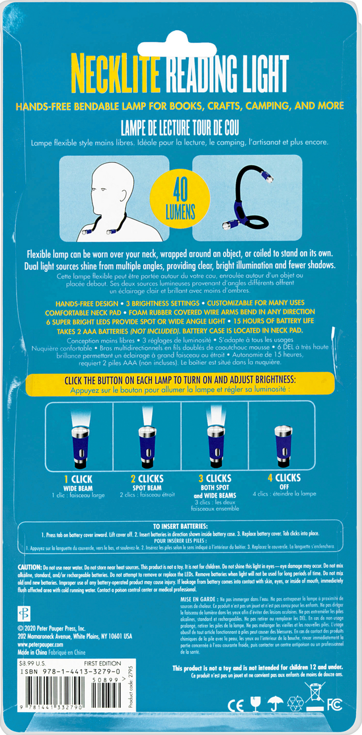 Necklite Reading Light packaging with text and illustrations on a blue background