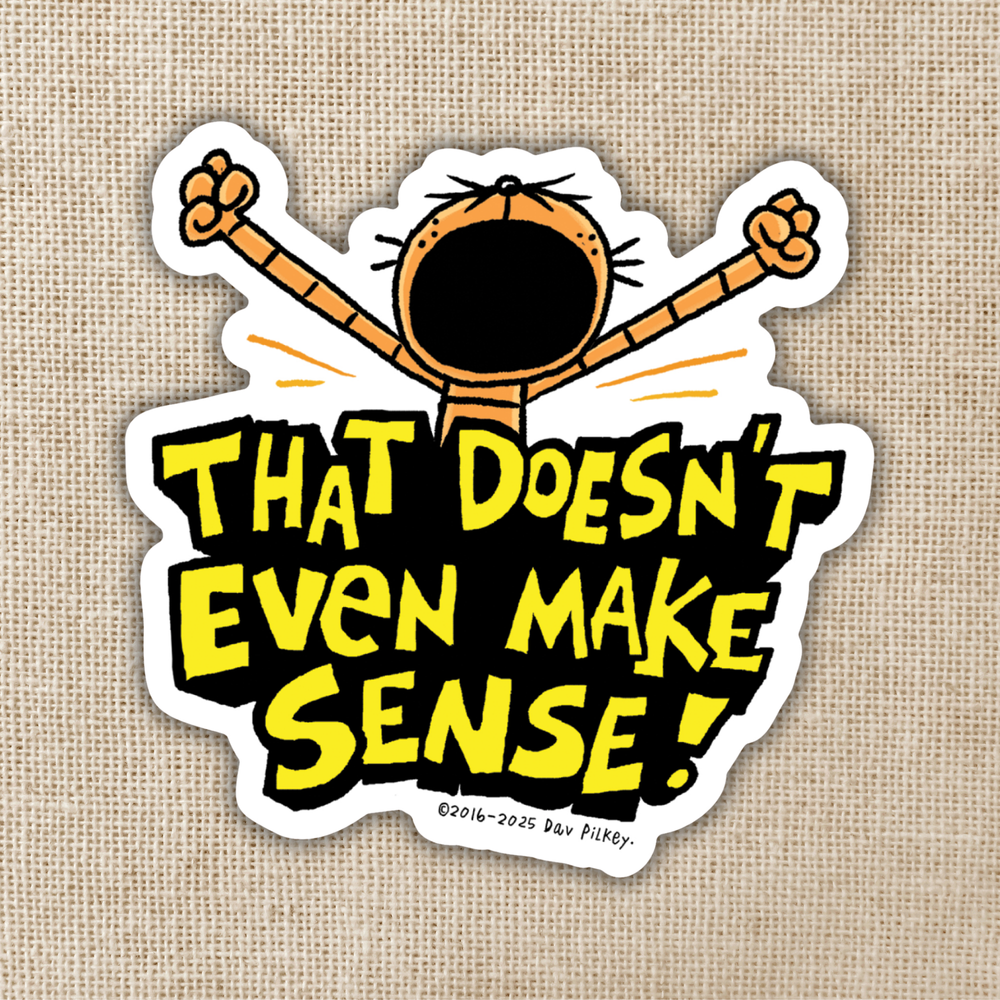 Cartoon character sticker with text 'That doesn't even make sense!' on a textured beige background