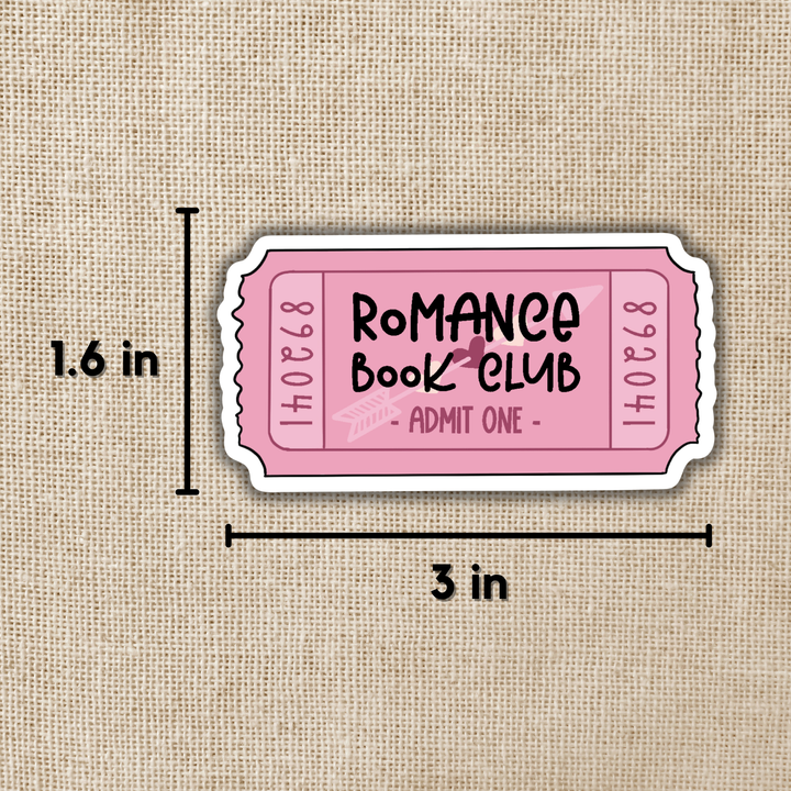 Pink ticket-shaped sticker with &