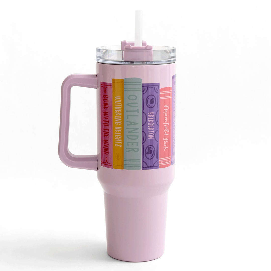 Pink tumbler with handle and colorful labels on a white background
