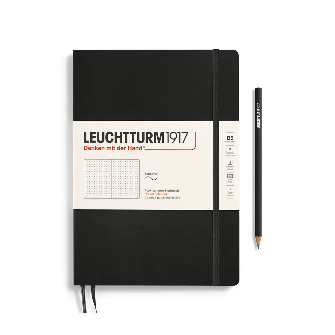 Black notebook with a pencil on a white background, featuring Leuchtturm1917 branding.