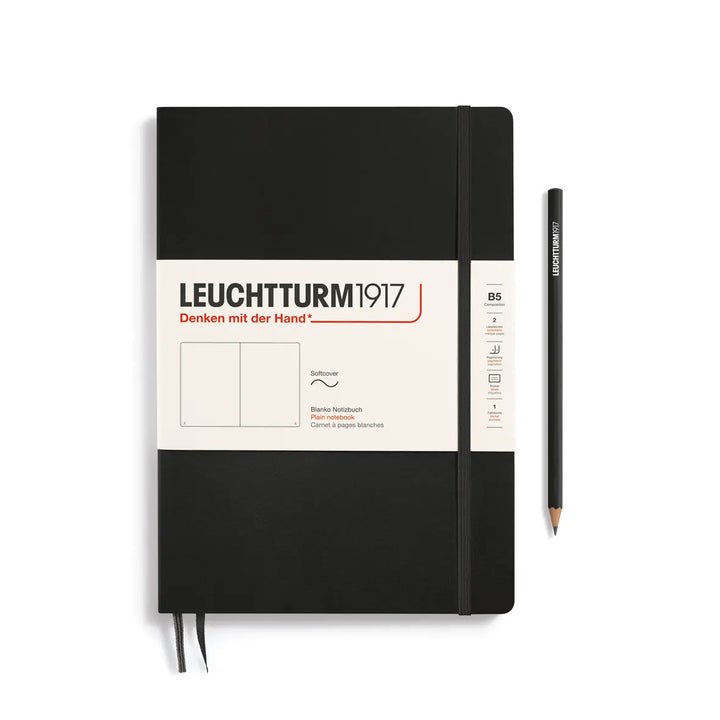 Black notebook with Leuchtturm1917 branding and a pencil on a white background