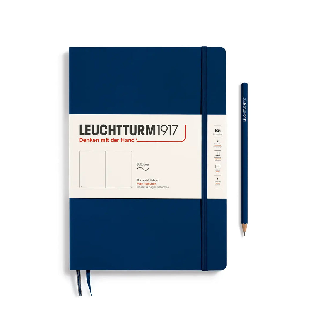 Blue notebook with white label and pencil on a white background, featuring Leuchtturm1917 branding.