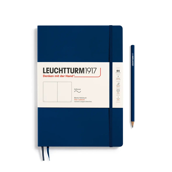 Blue notebook with white label and pencil on a white background, featuring Leuchtturm1917 branding.