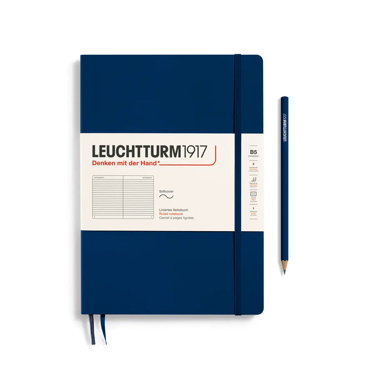 Blue notebook with white label featuring Leuchtturm1917 branding on a white background