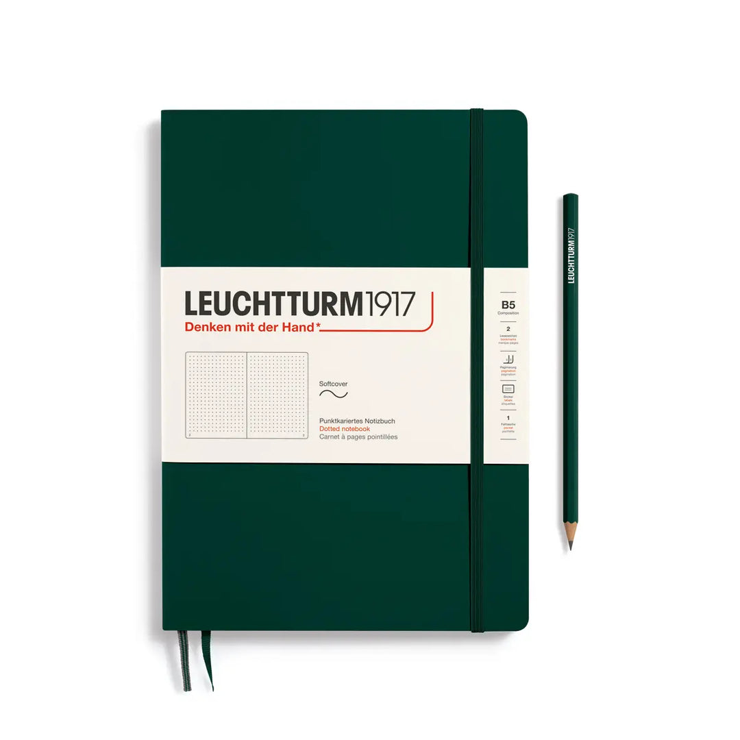 Green notebook with Leuchtturm1917 branding and a pencil on a white background