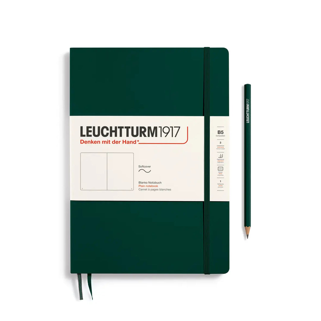 Green notebook with Leuchtturm1917 branding and a pencil on a white background