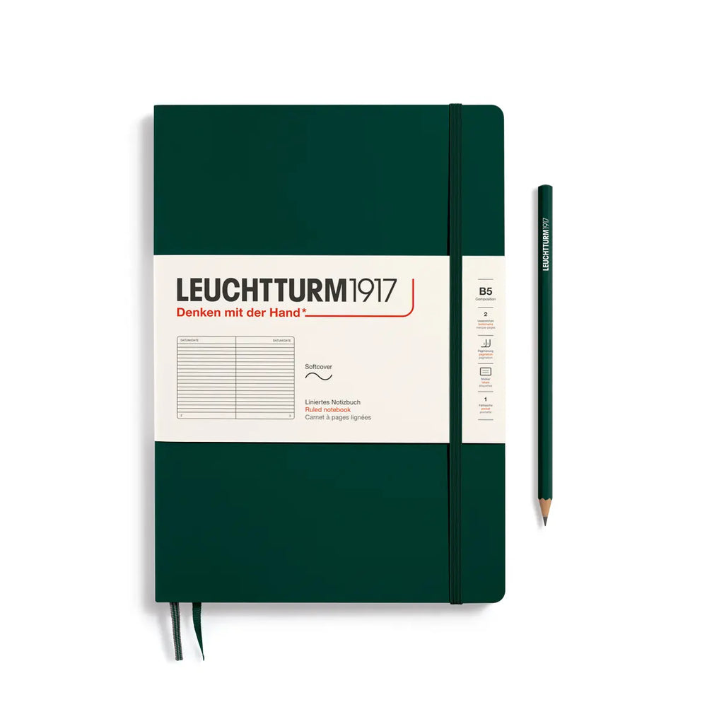 Green notebook with Leuchtturm1917 branding and a pencil on a white background