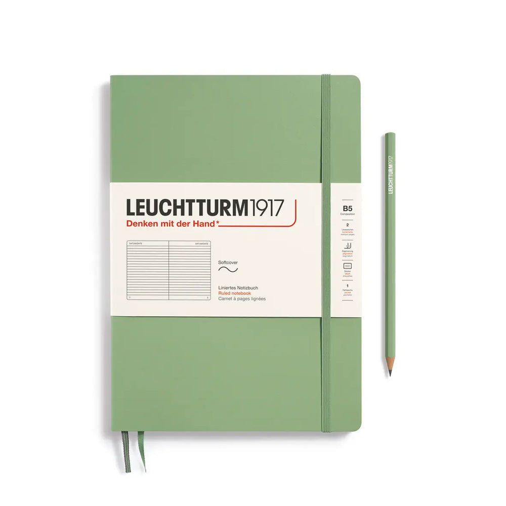 Green notebook with a pencil on a white background, featuring Leuchtturm1917 branding.
