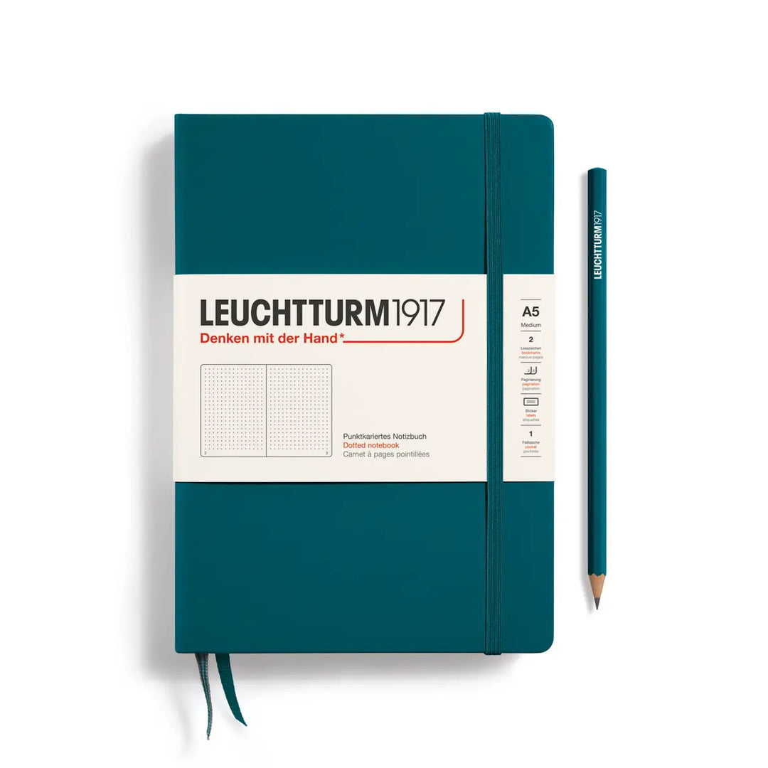 Teal notebook with Leuchtturm1917 branding and a pencil on a white background