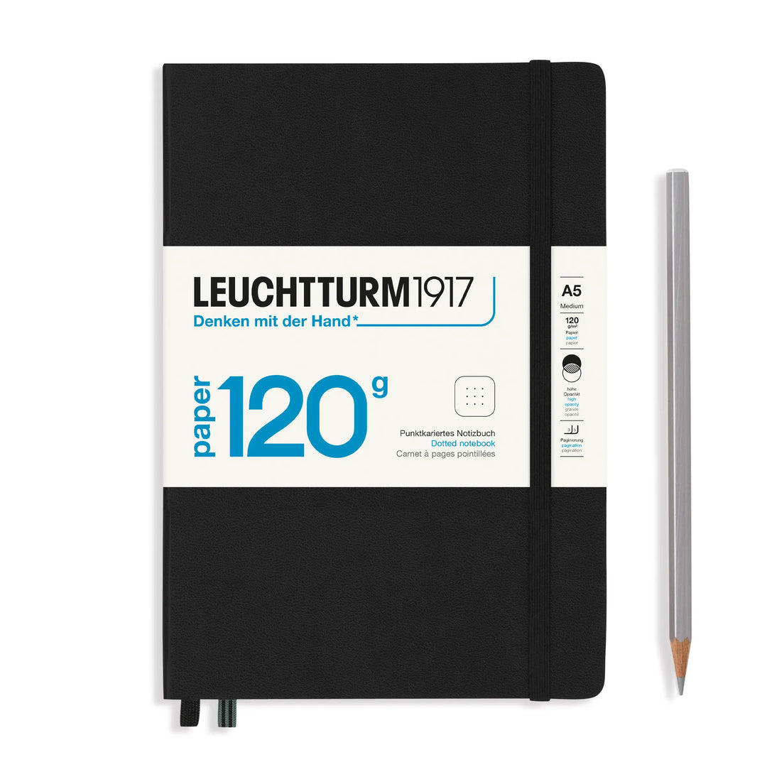 Black notebook with white label featuring 'Leuchtturm1917' branding on a white background