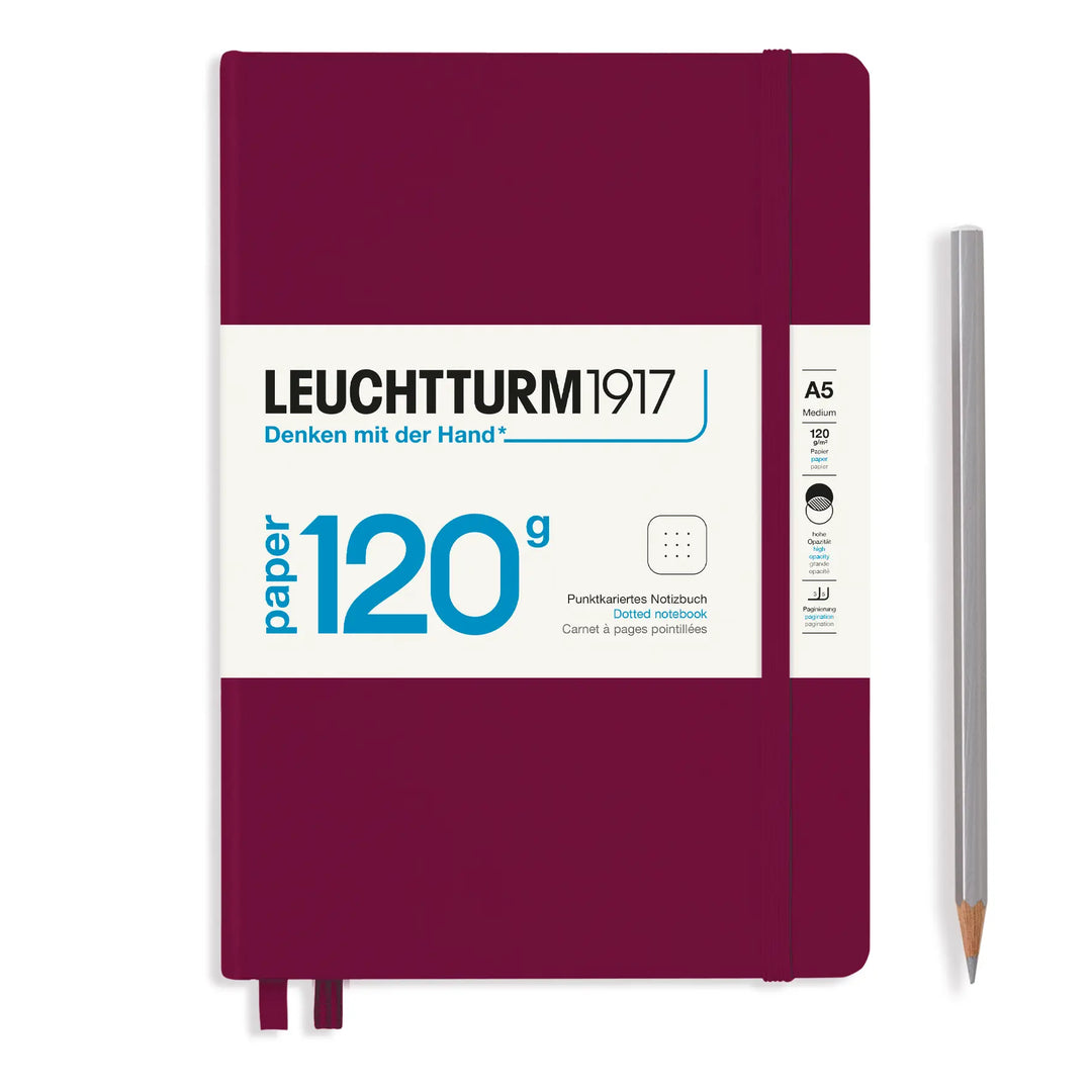 Maroon notebook with white label featuring 'Leuchtturm1917' branding on a white background