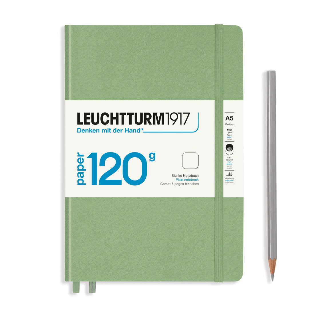 Sage green notebook with white label featuring 'Leuchtturm1917' branding on a white background