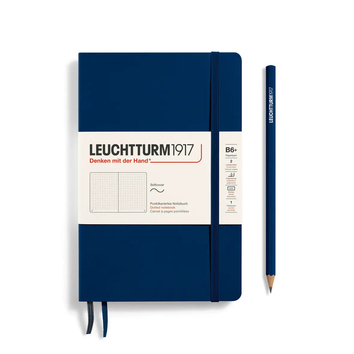 Blue notebook with a pencil on a white background, featuring Leuchtturm1917 branding.