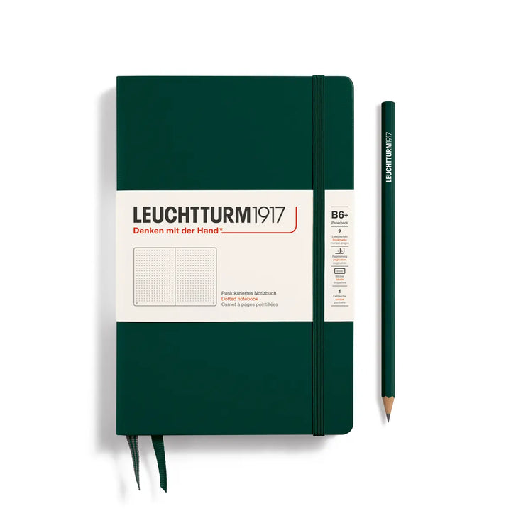 Green notebook with Leuchtturm1917 branding and a pencil on a white background
