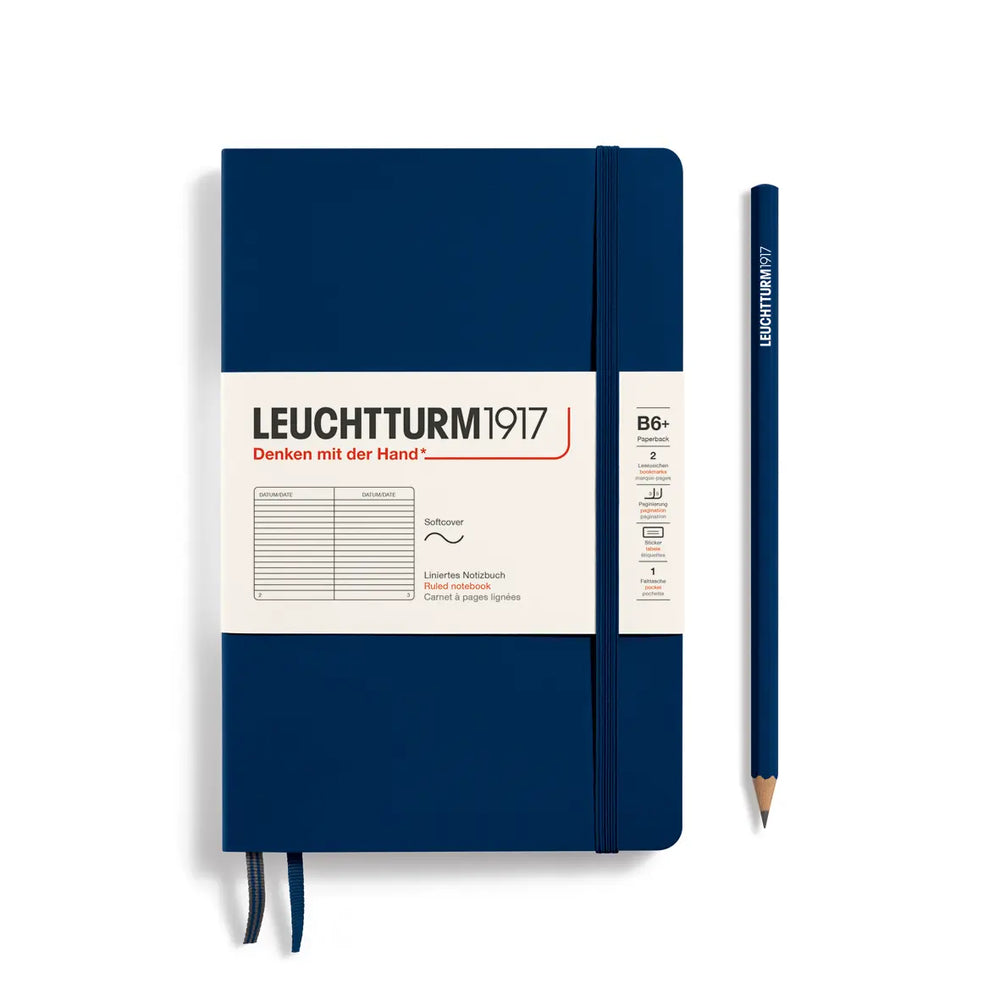 Blue notebook with a pencil on a white background, featuring Leuchtturm1917 branding.