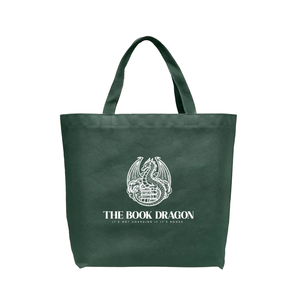 Green tote bag with 'The Book Dragon' logo on a white background